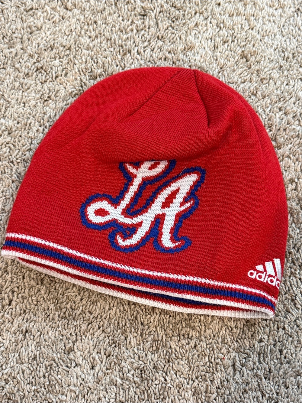 adidas Red LA Knit Beanie with Blue and White Trim
